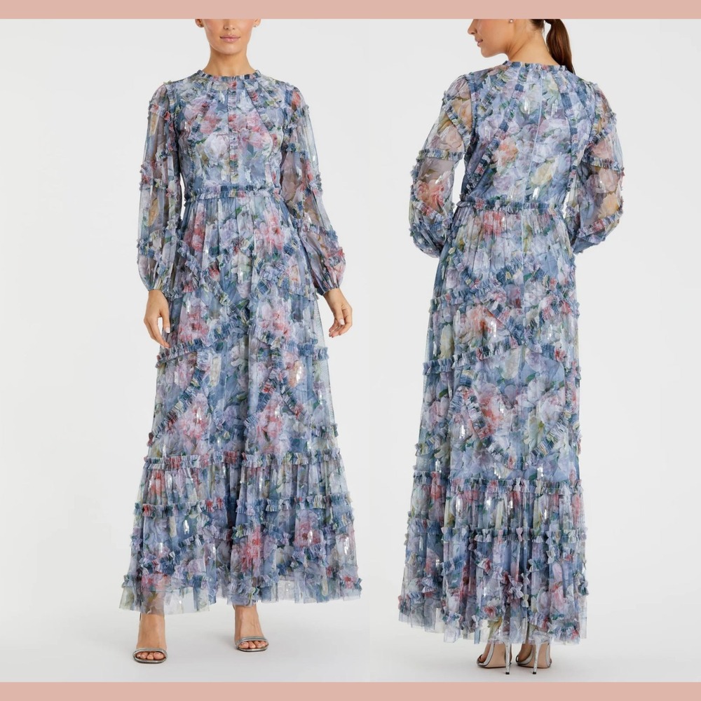 NEW Mac‎ Duggal [ 12 ] 8098 Floral Long Sleeve High Neck Ruffle Detail Gown blue